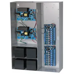 The ALTRONIX MAXIMAL33 is a power supply board housed in a steel enclosure. It accepts 115V AC input and provides up to 8 fused 24VDC outputs with a maximum total current of 11A. This unit is used for distributing power to access control systems, security devices, and other low-voltage equipment in commercial or industrial settings.