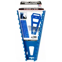 Plastic wrench rack in blue, measuring 12 1/4 inches long by 6 1/2 inches wide. Designed to hold and organize wrenches, it features a slide-on construction for easy mounting in workshops, garages, or tool storage areas
