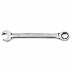 This SAE double-end 12-point ratcheting box end wrench is made of steel with a chrome finish. It has a 3/4 in head size and an overall length of 9 7/8 in. The ratcheting mechanism allows for quick fastener engagement without removing the wrench, suitable for tightening or loosening fasteners in confined spaces.