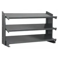 This metal stationary pick rack features a gray steel frame with three shelves, designed for bench-top organization. It measures 36 inches wide by 12 inches deep by 25 inches high and is one-sided. Suitable for storing small parts, tools, or supplies in assembly, maintenance, or industrial workstations