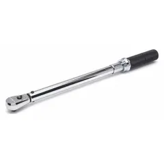 This non-insulated micrometer torque wrench has a 3/8 in drive and a torque range of 10 ft-lb to 100 ft-lb in foot-pound increments. The 18 in overall length provides leverage for precise tightening of fasteners in automotive, industrial, and mechanical applications where accurate torque is critical.