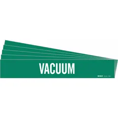 Green pipe markers with white 'Vacuum' legend, designed for identifying vacuum lines in industrial piping systems. Each marker fits pipe outer diameters from 2-1/2 to 7-7/8 inches. Pack of 5 markers without arrows.