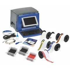 Single-color thermal transfer printer for safety and facility identification labels. Supports PC-connected or standalone operation via Ethernet, USB, or Wi-Fi. Includes Brady Workstation Safety and Facility Identification Software Suite, network card, and a 4 in x 6 in B-595 ANSI Caution Header Label Roll.