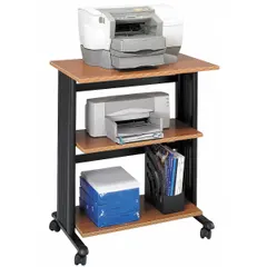 Three-shelf media cart in medium oak finish. Overall dimensions: 35 in height, 29 1/2 in width, 20 in depth. Suitable for holding printers, scanners, or other office equipment, with shelves for organizing supplies and documents.