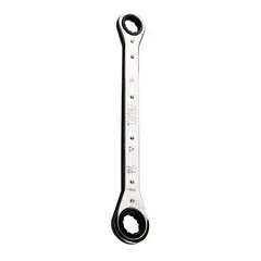 This SAE double-end ratcheting box end wrench features 12-point heads sized 1 1/4 in and 1 1/8 in, with a 15 in overall length for increased leverage. The chrome finish provides corrosion resistance. Suitable for tightening or loosening fasteners in industrial maintenance, automotive repair, and mechanical assembly.