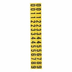 Indoor-only repositionable number label set featuring black Gothic characters on a yellow background. Includes digits 0 through 9 in a 25-pack. Non-reflective and non-self-spacing. Suitable for equipment identification, bin marking, and pipe marking in industrial environments.