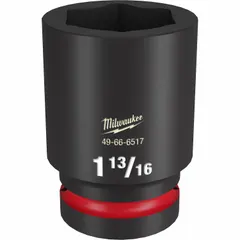 This 1" drive impact socket is designed for heavy-duty fastening and loosening of nuts and bolts in automotive, construction, and industrial maintenance. It features a 1-13/16" SAE size, 6-point deep configuration, and friction retention. The black phosphate finish provides corrosion resistance.