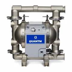 This GRACO electric diaphragm pump is an FDA-compliant EODD pump with a stainless steel body. It operates on 240V AC three-phase power, delivers a maximum flow of 80 gpm, and has a 2-inch connection. The pump features PTFE check valves and a stainless steel seat material, suitable for sanitary fluid transfer in food, beverage, pharmaceutical, and chemical processing applications.