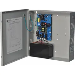 Steel-enclosed supervised power supply board. Input: 115V AC. Output: 12VDC at 10A. Provides regulated DC power for access control, security systems, and industrial automation applications.