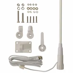 This VHF antenna operates from 156 MHz to 162 MHz and is compatible with Cobra BlueBound and MRF series radios. It has an overall length of 8 ft and a white finish. Suitable for marine and land-mobile two-way radio communication.