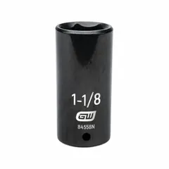 This 1/2" drive impact socket is SAE sized at 1-1/8" with a 6-point design. It is intended for use with impact tools to fasten or loosen nuts and bolts in heavy-duty applications such as automotive repair and industrial maintenance. The black oxide finish provides corrosion resistance.