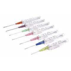 Safety IV catheter with 18 gauge stainless steel needle and polyurethane construction. Overall length 6 inches, green color. Designed for intravenous access to administer fluids or medications while reducing needlestick injury risk.