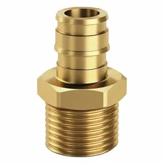 Brass expansion barbed fitting adapter with 1 5/64 in inside diameter and 1 1/2 in pipe size. Connects PEX tubing to male NPT threaded ports using an expansion connection method. Suitable for plumbing and hydronic systems requiring a secure joint.