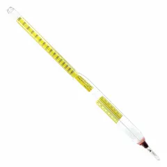 API ASTM Combined Form hydrometer with a range of 0.500/0/650 and scale divisions of 0.001. Features a 30/90ºF mercury thermometer and an overall height of 15 inches. Used for measuring specific gravity of petroleum products in laboratory and quality control applications.