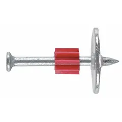 Pack of 100 pins with integrated washers for use with powder-actuated tools. Each pin has a 0.3-inch head diameter and 0.15-inch shank diameter. Designed for fastening materials to concrete or steel in construction and industrial applications.