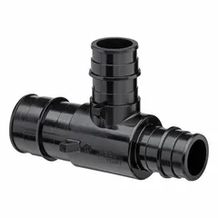 Expansion polymer barbed tee fitting with 13/16 in inside diameter and three barbed connections. Designed for use with PEX tubing in potable water and hydronic heating systems, utilizing an expansion connection method for leak-resistant joints.