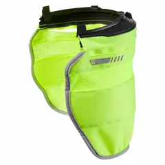 This polyester neck shade mounts over hard hats and helmets, featuring a wide brim for sun protection. The black color with hi-vis yellow accents enhances visibility. Suitable for outdoor work environments where head and neck sun exposure is a concern.