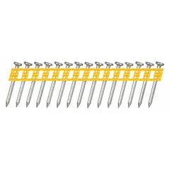 Collated concrete nails designed for use with compatible power fastening tools. Each nail features a diamond point and smooth shank for direct driving into concrete, masonry, or block. Supplied in a 1000-count pack, overall length 1-1/4 in.