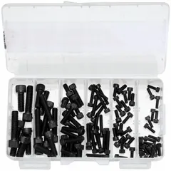 This assortment contains 106 alloy steel socket head cap screws in 9 standard inch sizes. Supplied in a container 1 1/2 in high, it is suited for general fastening in machinery assembly, equipment maintenance, and other industrial applications requiring high tensile strength and hex-drive installation.