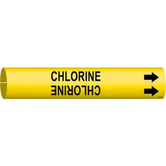 Snap-on pipe marker for identifying chlorine piping. Yellow background with black legend and directional arrows. Fits pipe O.D. from 3/4 to 1-3/8 in. Single marker for clear identification of pipe contents and flow direction.