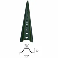 Steel U-channel sign post with open profile, 84 inches long, 2-1/4 inches wide, and 7/8 inch depth. Green powder-coated finish with prepunched holes along a 2-1/2 ft section. Used for mounting traffic signs, street signs, and parking lot signage