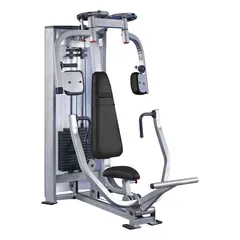 Single-station chest machine with powder-coated steel frame in gray and black, and vinyl upholstery. Overall length 68 in. Designed for strength training targeting pectoral muscles through controlled pressing motion.
