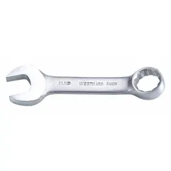 Alloy steel construction with satin finish. 12-point box end and open end, offset design. Head size 11/16 in, overall length 5 in. For tightening or loosening fasteners in confined spaces.