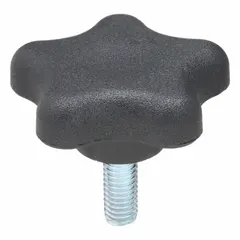 This 5-arm knob features a plastic body with a steel thread insert for strength and wear resistance. It has a 3/8"-16 threaded stud with 1 in thread length. Commonly used for manual adjustment and clamping on industrial machinery, jigs, and fixtures.
