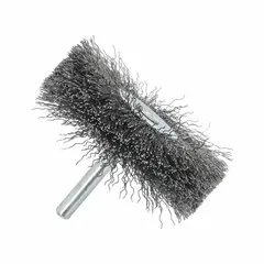 This crimped steel wire brush is designed for light cleaning of carbon steel surfaces, such as removing rust, paint, or light scale. It has a 3" diameter, 5/8" width, 0.012" fill, and a 1/4" shank. Commonly used in metal fabrication, maintenance, and repair shops.