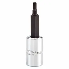This PROTO hex bit socket features a 1/4 in drive size and a 2.5 mm hex tip with a fixed insert design. With an overall length of 1 7/8 in, it is suited for driving hex-head fasteners in assembly, maintenance, and repair tasks where a compact tool is required.
