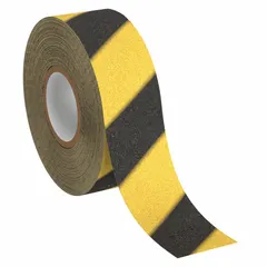 This 3M Safety-Walk 600 Series antislip tape is a continuous roll of pressure-sensitive rubber tape with a coarse 60-grit abrasive surface. The striped black/yellow design provides visual warning, suitable for medium-traffic indoor and outdoor areas such as steps, ramps, and walkways. It meets ANSI specifications and is chemical-resistant.