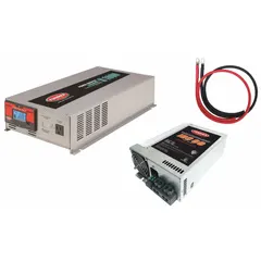 Pure sine wave inverter and battery charger for mobile, marine, and backup power systems. Converts 10.5 to 15V DC to 120V AC with 3600W peak output. Charges batteries from 105 to 130V AC input at 13.2V to 14.4V.