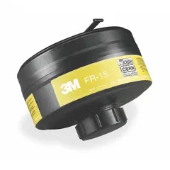 The 3M FR-15-CBRN is a replacement cartridge with NIOSH CBRN rating, olive color code, and DIN connection. Compatible with 3M FR-M40B Series respirators. Sold in a 4-pack. Used for respiratory protection against chemical, biological, radiological, and nuclear hazards in industrial and emergency response settings.
