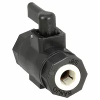 This BANJO ball valve features a one-piece polypropylene body with push x push connections and a lever handle. It is used for on/off or redirecting flow in piping systems handling corrosive fluids, water, or chemicals. The 3/8-inch straight design suits compact installations requiring corrosion resistance
