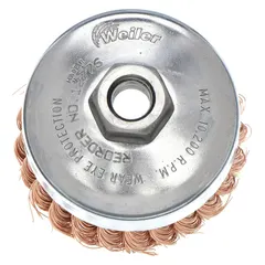 Nonsparking cup brush with standard twist knot wire bristles for heavy cleaning on hard metals. 4 in diameter, 0.02 in fill diameter, 5/8"-11 arbor hole. Suitable for surface preparation and deburring in industrial applications where sparking must be avoided.