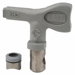 Airless spray gun tip with 0.017 in orifice for applying paints and coatings. Gray finish. Compatible with GRACO XTR series spray guns and model XHD001. Used in industrial finishing, construction, and maintenance applications.