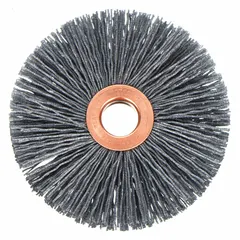 Crimped nylon deburring brush for all metals. Features 3" diameter, 1/2" width, 1/2" arbor, 0.022" fill, and 120 grit. Used for removing burrs, sharp edges, and surface imperfections from machined parts, weld seams, and fabricated components in industrial manufacturing and metalworking.