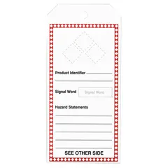 Rectangle cardstock safety tag for indoor/outdoor use. Measures 8 1/2 inches high by 3 7/8 inches wide, 0.01 inch thick. Pack of 5. Suitable for lockout/tagout and hazard identification applications.