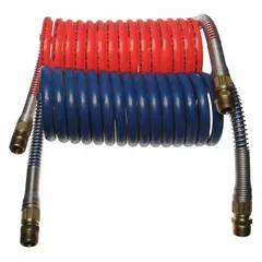 Coiled air brake assembly for service-line applications. Features 1/2 in outer diameter and 144 in length. Used to connect tractor and trailer air brake systems in heavy-duty vehicles.