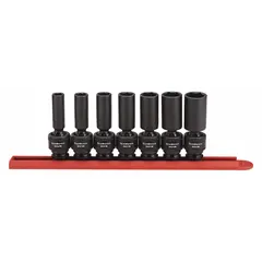 This 7-piece SAE impact socket set includes sizes from 3/8 in to 3/4 in with a 3/8 in drive. Each socket features a 6-point design and a friction ball retention system for secure attachment to impact tools. Suitable for fastening tasks in automotive, industrial, and maintenance applications.