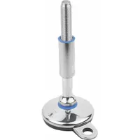 Hygienic male leveling mount with swiveling stud, M24 thread size, 80 mm length, polished finish, round base, and 20 kN load capacity. Includes mounting holes for installation. Used for leveling and stabilizing machinery in sanitary environments
