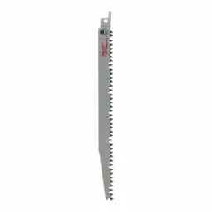 General purpose reciprocating saw blade with 5 teeth per inch, 9-inch length, and 0.2-inch thickness. Tapered back design allows for flexible curved cuts. Suitable for cutting wood, plastic, and drywall in demolition, remodeling, and construction applications.