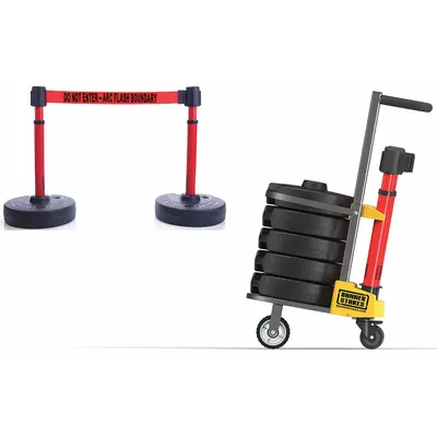 BANNER STAKES Sistem Penghalang Sabuk: 42 in Tinggi Tiang, 15 ft Panjang Sabuk, Merah, 4 Jumlah Tiang - Mobile Retractable Belt Barrier Systems