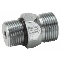 This Parker high-pressure check valve allows fluid flow in one direction and prevents backflow in hydraulic systems. It features a steel body, a metric inlet connection, and an SAE O-Ring Face Seal outlet connection. Suitable for industrial applications requiring a 5,000 psi rating and 30 gpm flow