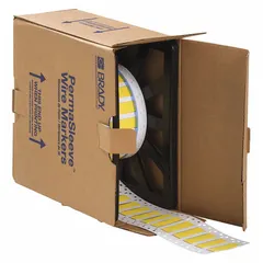 Precut sleeve label roll made of yellow matte polyolefin, measuring 3/8 in x 2 in. Designed for wire gauges from 4 AWG to 12 AWG and compatible with the i5100 printer series. Used for durable wire and cable identification in industrial environments such as panel building, maintenance, and electrical installations.