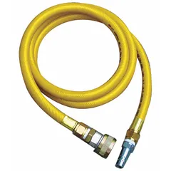 This 10 ft airline hose features a 1/2 in inside diameter and 1/2 in Hansen fittings, rated for a maximum pressure of 250 psi. The yellow hose is suitable for supplying compressed air in industrial environments such as manufacturing plants, maintenance shops, and pneumatic tool operations.