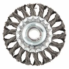 This steel stringer bead brush is designed for weld cleaning on carbon steel. It removes slag, spatter, and oxidation from weld joints and stringer beads, preparing surfaces for inspection or further finishing in fabrication and repair applications. Specifications: 4" diameter, 1/2" width, 5/8"-11 arbor, 0.02" fill.