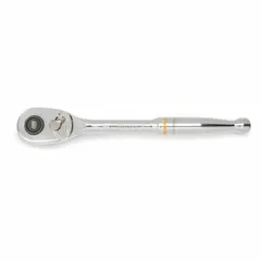 Standard-length reversible ratchet with pear head design and quick-release mechanism. Full polish chrome finish. 4° minimum arc swing for access in confined spaces. Overall length 11 in. Used for tightening and loosening fasteners in automotive, industrial, and mechanical applications.