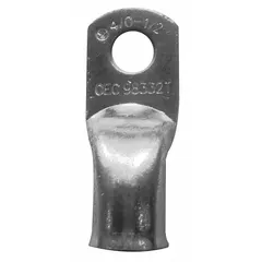 Straight crimpable side terminal lug for terminating 4 ga wire to a 3/8 in stud. Made of copper with a tin finish, supporting both crimp and solder termination. Suitable for use in electrical panels, switchgear, and motor control centers to establish secure, low-resistance connections.