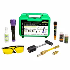 This UV leak detection kit is designed for use with R-1234yf and R-134a refrigerant systems. It includes a 1 oz bottle of standard coolant dye and a 2 oz spray bottle for application. Used to locate refrigerant leaks in automotive HVAC systems.